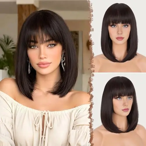 FESHFEN black brown bob wig with bangs 14 inch