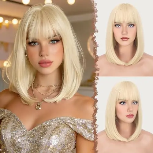 FESHFEN 14-inch blonde bob wig with inward flared tips and bangs