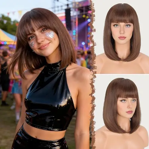 Medium-length auburn bob wig with classic bangs and inward-flared tips