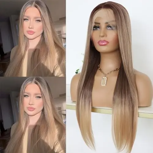 MACA BAKA 3-tone ombre blonde long straight 13x4 lace front wig