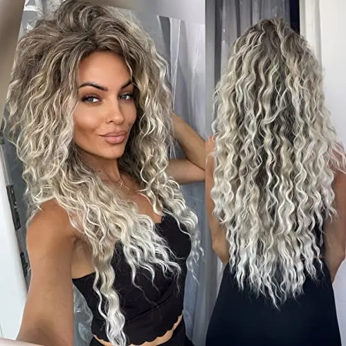 GNIMEGIL ombre ash blonde long curly wig with big 80s volume and dark roots