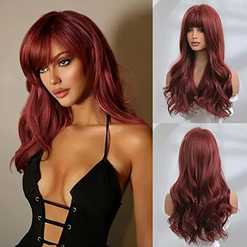Honygebia dark red long straight layered wig with bangs on a model