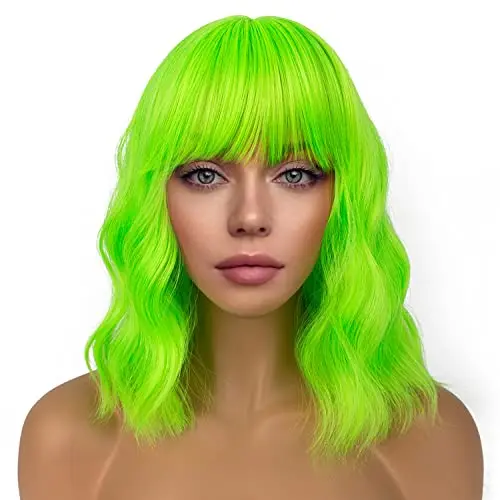 Neon green loose wavy bob wig with bangs