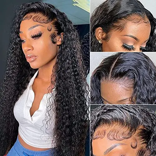 Model wearing a natural black 13x4 HD deep wave lace front wig with pre-plucked baby hair