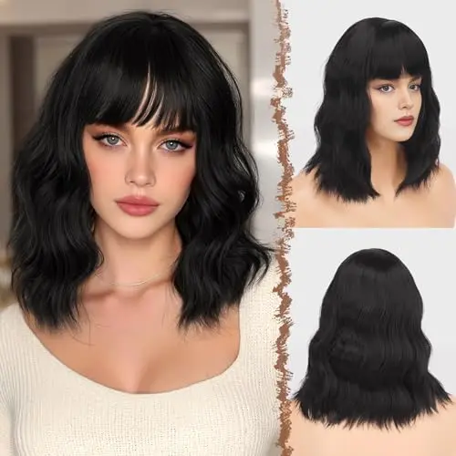 Feshfen 14 inch wavy bob with bangs shoulder length synthetic wig