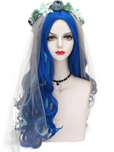 Half and Half Dark Blue Corpse Bride Wig with Veil and Flower Crown