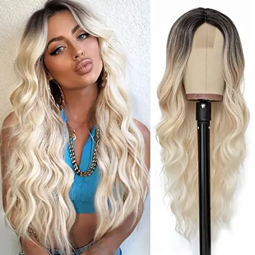 NAYOO platinum blonde 26 inch wavy wig with bangs