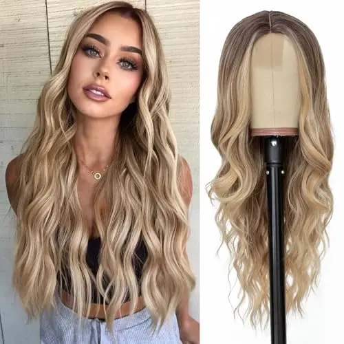 NAYOO 26-inch ombre blonde wavy wig with natural middle part