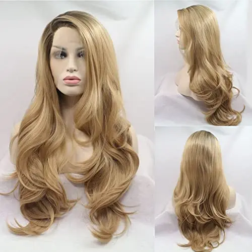 Angle Lucky ombre brown blonde long wavy synthetic lace front wig with side part