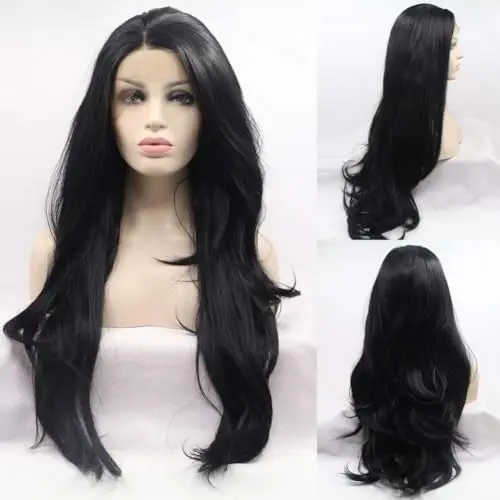 Angle Lucky black lace front long wavy wig