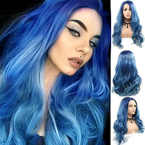 AFBeauty Long Wavy Blue Lace Front Water Wave Wig 24 inch