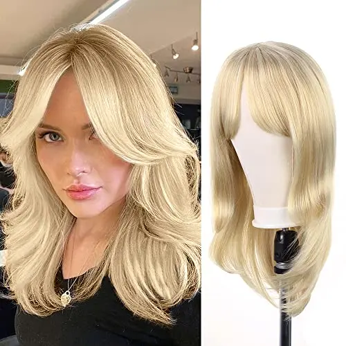 SAJOO 22 inch layered blonde wig with bangs