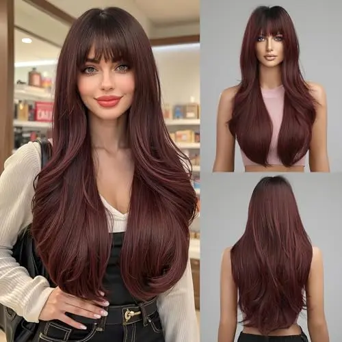 Long wavy ombre burgundy wig with fringe on a woman