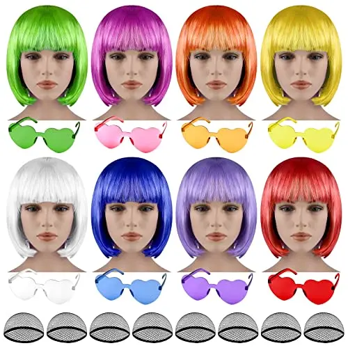 Bouiexye 24 Pieces Short Bob Hair Wigs Party Wigs and Sunglass Set