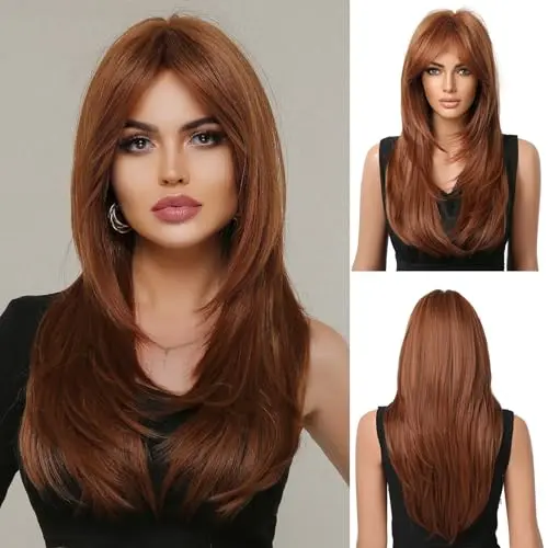 OUFEI 24-Inch Copper Brown Layered Straight Wig