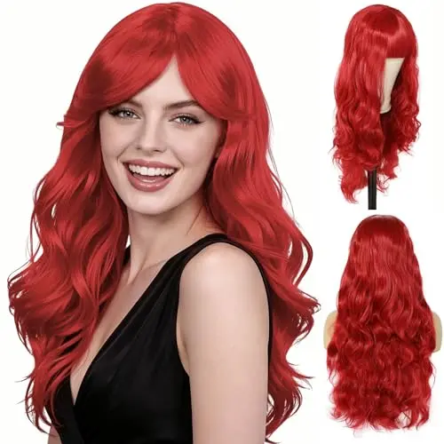 ANOGOL long red curly wig with bangs and wig cap