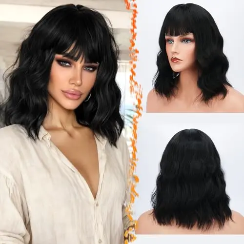 Natural black voluminous wavy bob wig with bangs styled for cosplay