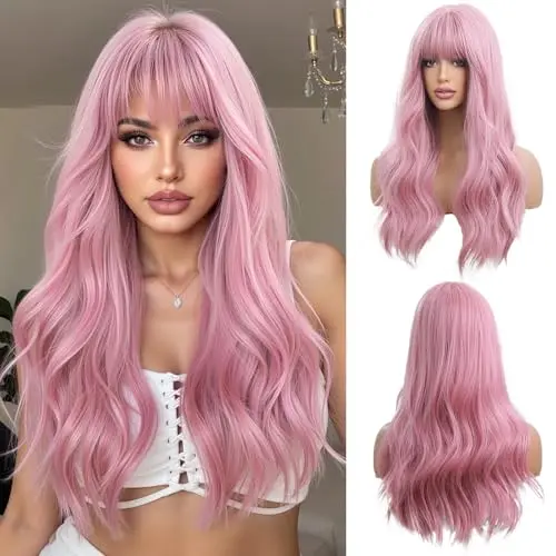 OUFEI long wavy pink synthetic wig with bangs