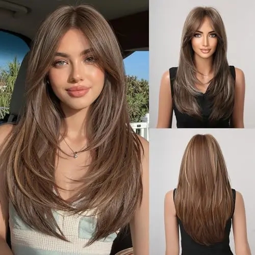 Esmee long straight layered black and brown highlight wig with bangs