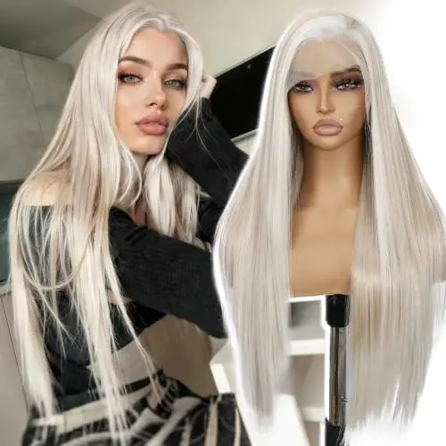 Blonde highlight 24-inch straight lace front wig with pre-plucked hairline, on a wig head