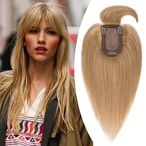 Hairro clip-on silk base hair topper with bangs in dark blonde