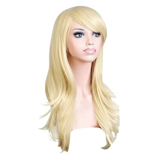 ZJchao Light Gold Long Curly Wig with full bangs and wavy curls for cosplay