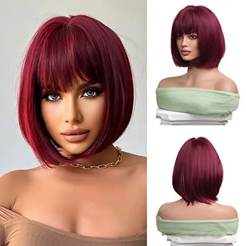 OUFEI wine red short bob straight synthetic wig