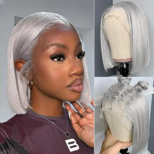 Msviki silver grey bob human hair lace front wig with baby hair