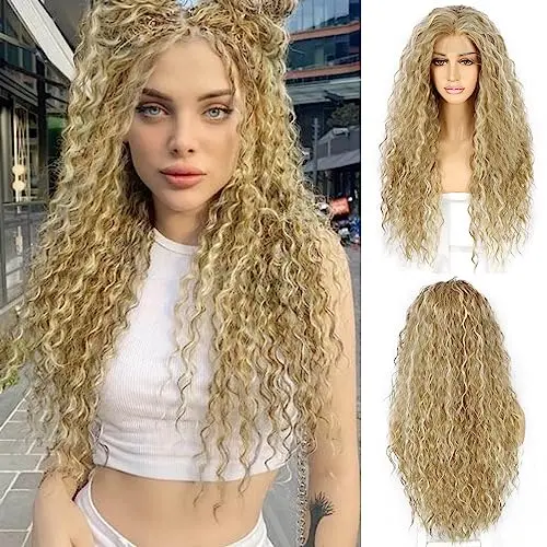 Highlight blonde curly lace front wig on woman