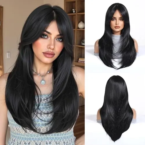 Esmee 24 Inch Long Straight Layered Black Wig with Bangs