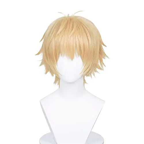 LABEAUTE short golden yellow anime wig with bangs and lace mesh cap