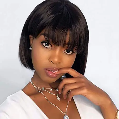 Rebasar 12-Inch Bob with Bangs Human Hair Wig