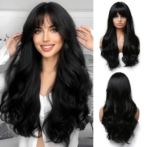 OUFEI Long Wavy Black Synthetic Wig with Bangs 24 inches