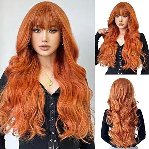 OUFEI 28-inch long wavy natural burnt orange wig