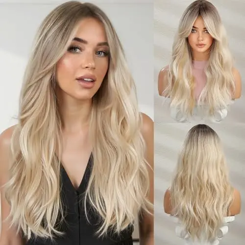HAIRCUBE long blonde ombre synthetic wig with bangs and dark roots