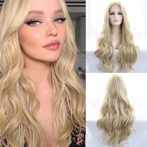 Angle Lucky highlight blonde wavy lace front wig with glueless cap