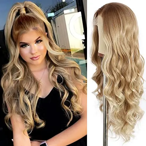 Sapphirewigs long curly wavy ombre honey blonde lace front wig