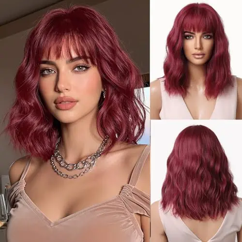 Esmee 14-inch wavy red bob wig with bangs