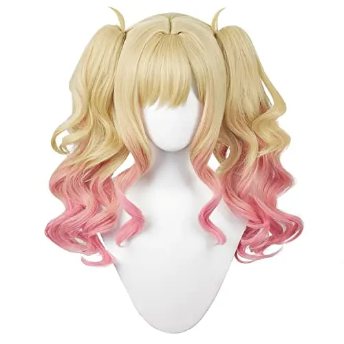 Golden pink wavy pigtail wig with two ponytails and cap