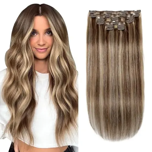 XDhair clip-in hair extensions in chocolate brown with blonde mix