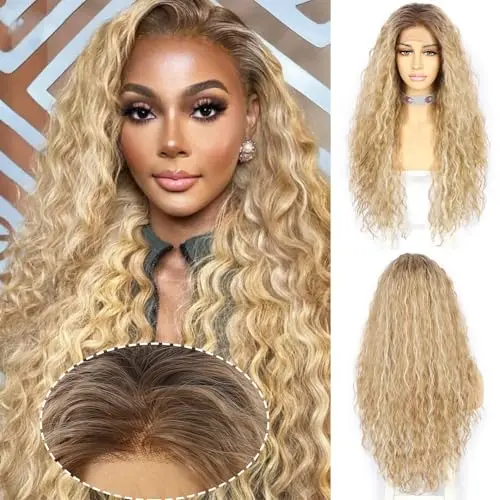 Sapphirewigs highlight ash blonde curly lace front wig with dark roots