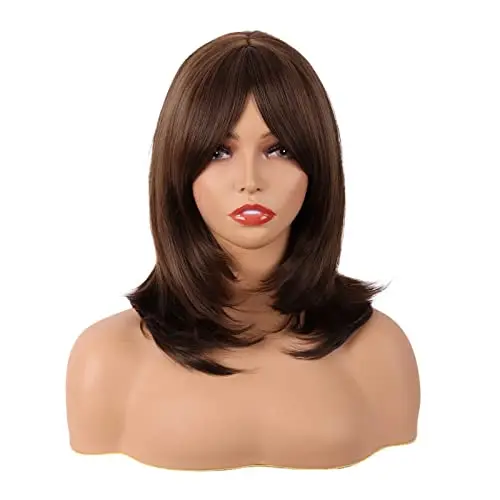 MapofBeauty 18 inch bangs synthetic fiber shoulder length hair wig brown