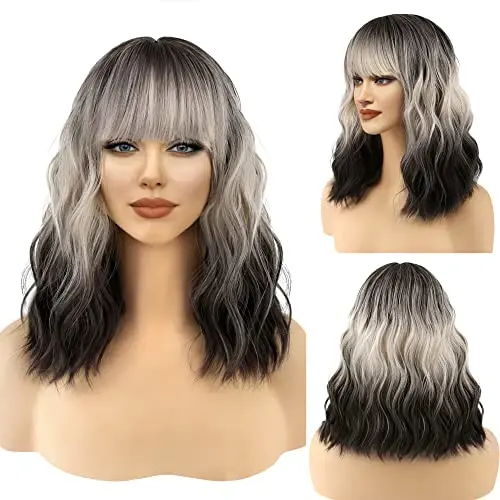 Black ombre to white blonde wig with bangs on a short wavy bob