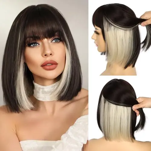 Sapphirewigs straight bob wig with bangs in highlight brown 14 inch