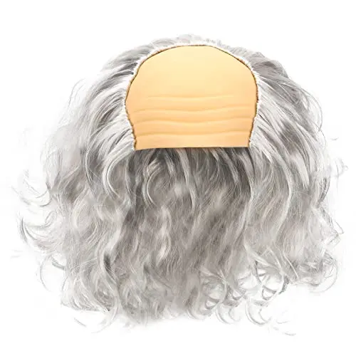 White fluffy bald wig with straight side hair for humorous grandpa costume