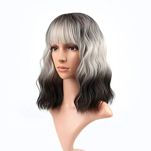 VCKOVCKO ombre three-tone curly bob wig with air bangs in black-white-black