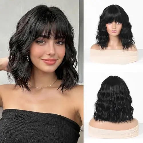 Black short wavy bob wig with bangs and included hairnet