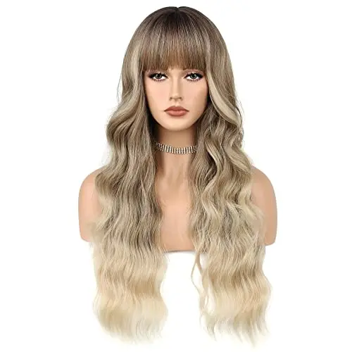 FAELBATY 25 inch long curly blonde ombre wig with bangs displayed on a model