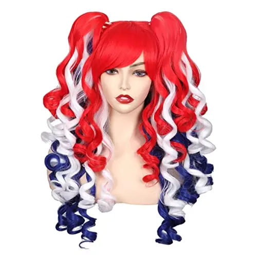 ColorGround red white and blue curly wig with two detachable ponytails