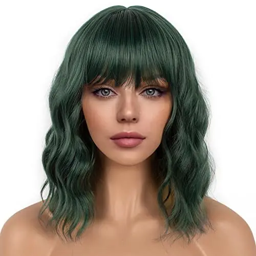 LANCAINI Short Bob Loose Wavy Wig in Dark Green